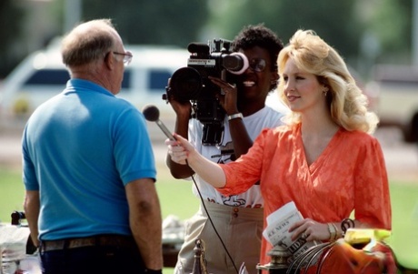 Blonde TV personality in sexy outfit Shelly Jamison shows her large tits