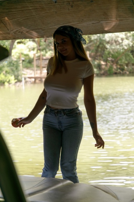Pretty amateur babe Gabbie Carter flashes her big tits in public